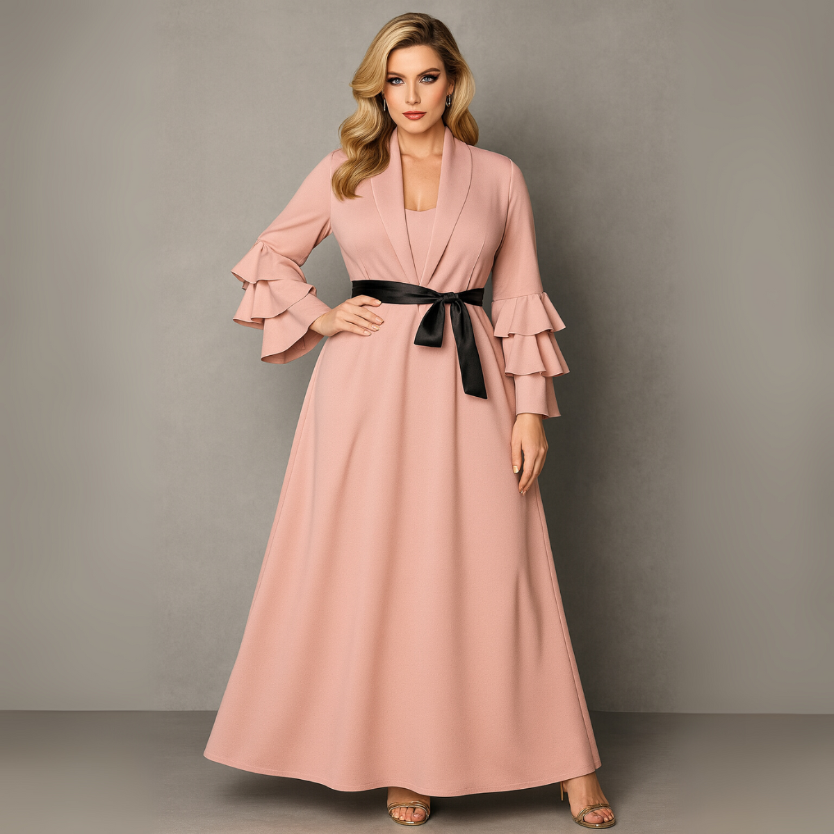 Pink Frilled Sleeve Maxi Dress with Ribbon Belt