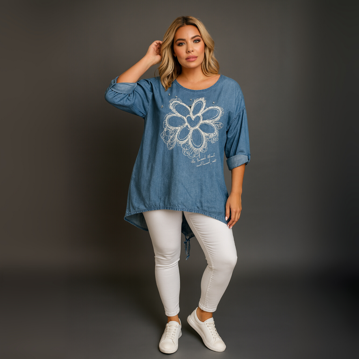 Denim Button Sleeve Fishtail Top