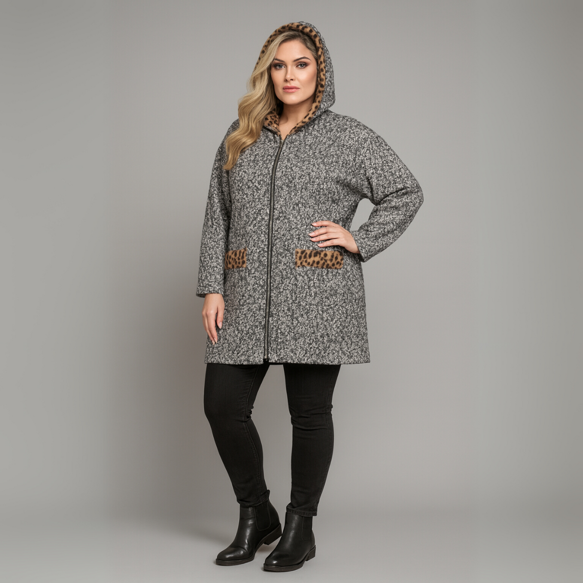 Boucele Coat with leopard Panel Hood and Pockets