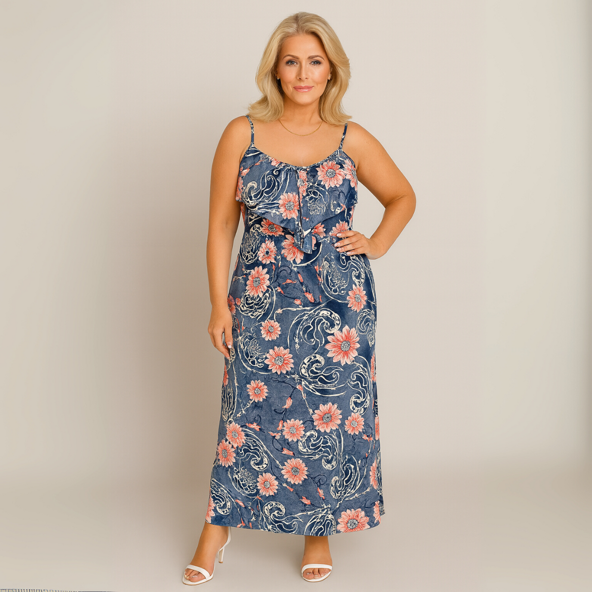 Blue Pink Floral V Frilled Top Maxi Dress