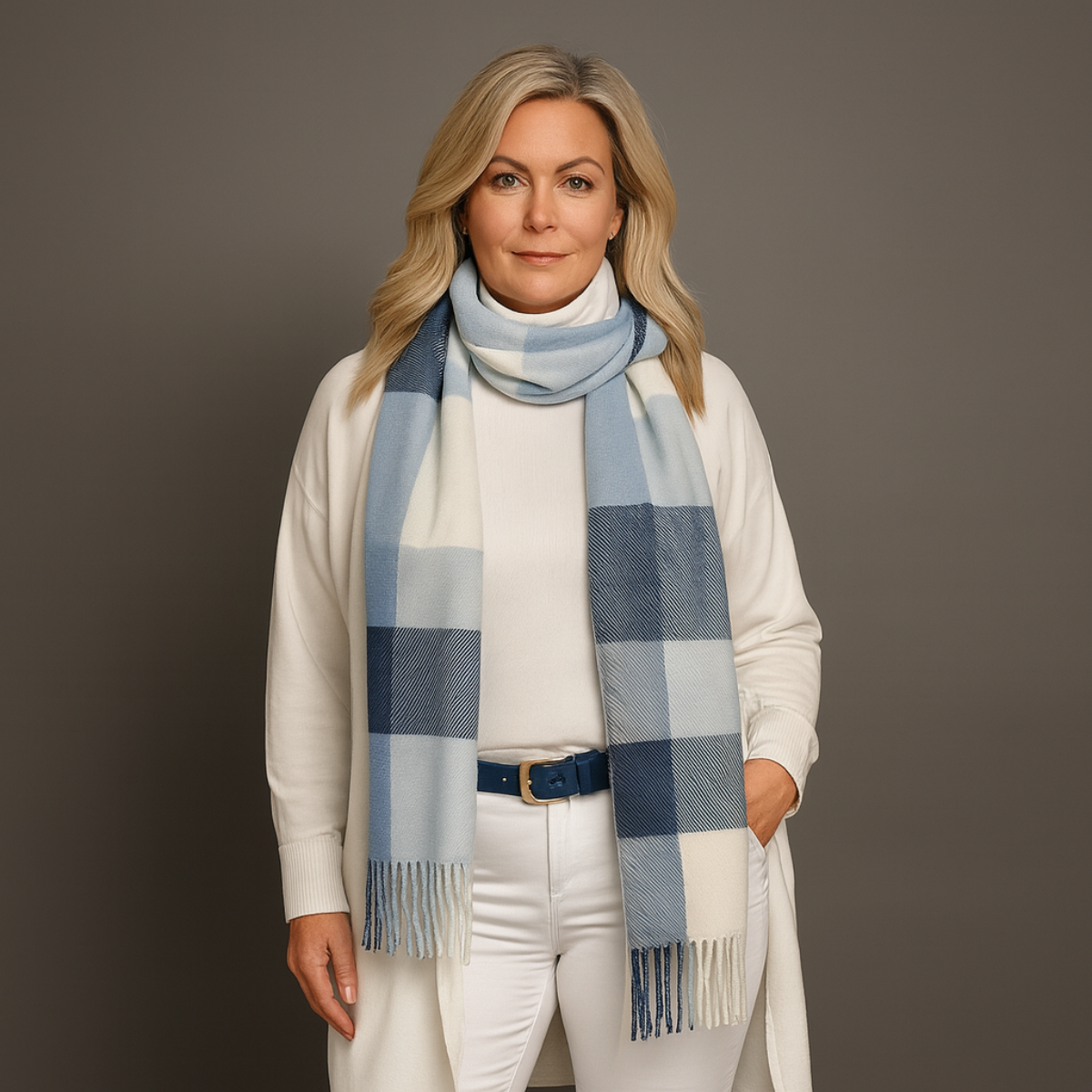 Soft Luxury Feel Blue + White Tassel Hem Scarf