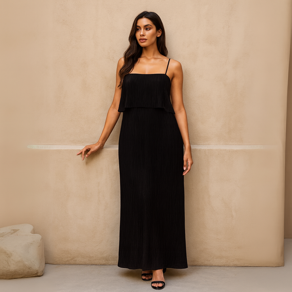 Pleated Strappy Maxi Dress with overlay top