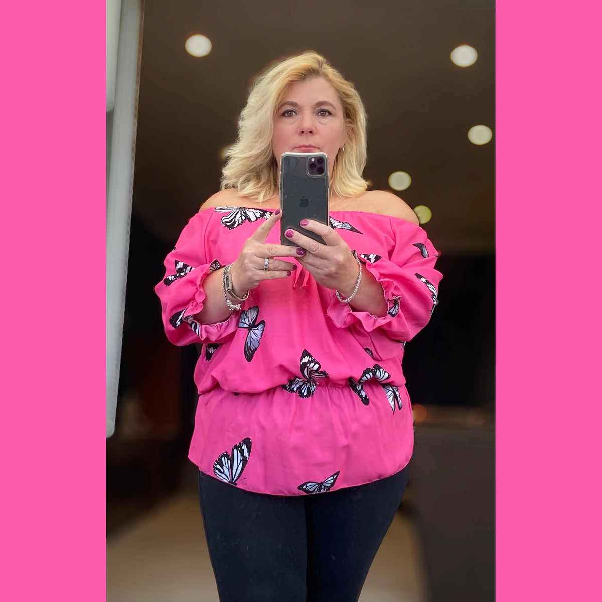 Pretty Bardot Blouse with Butterfly print and elastic waist