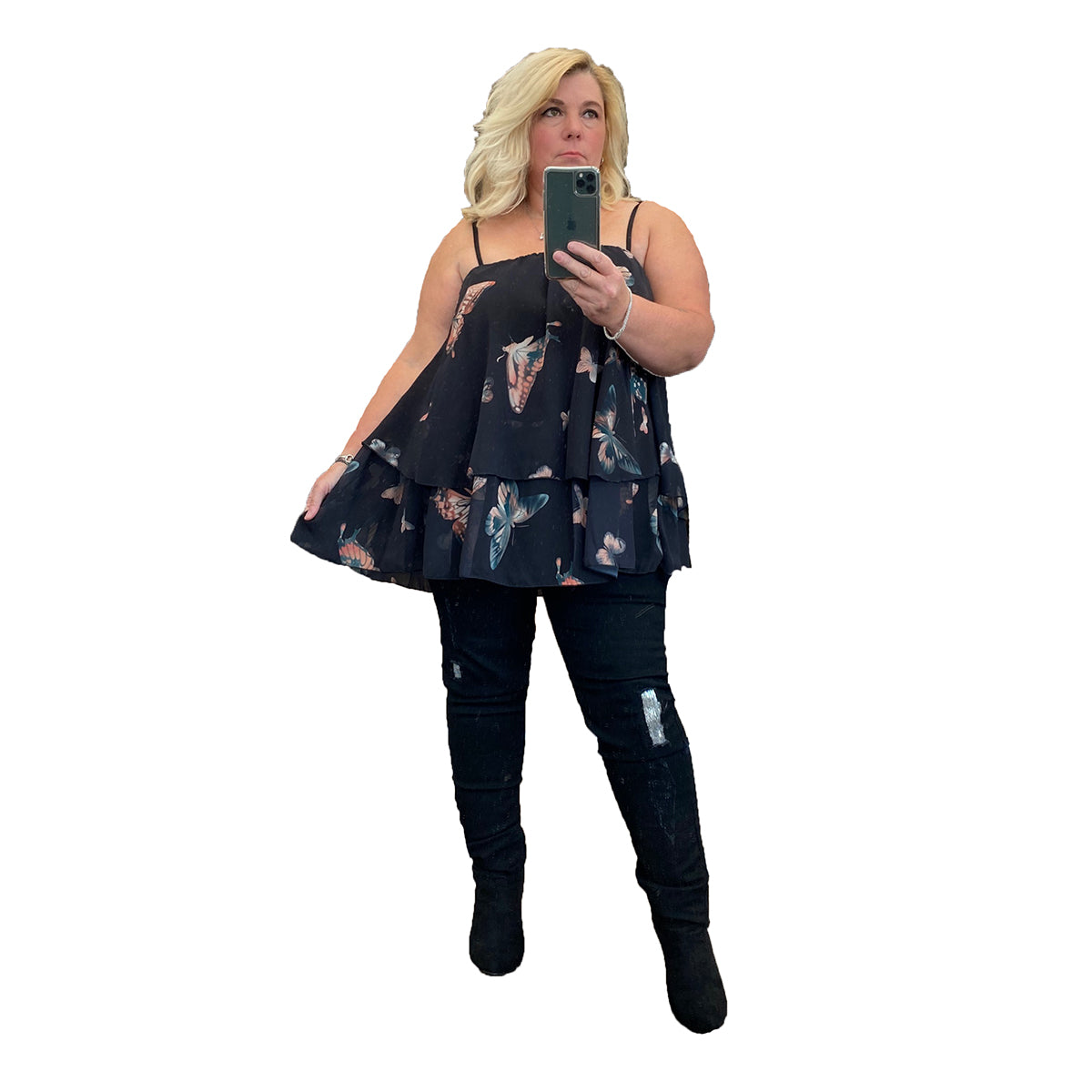 CHIFFON LAYERED STRAPPY TOP WITH BUTTERFLY PRINT