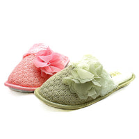 Knitted open back slippers with ruffled flower detail