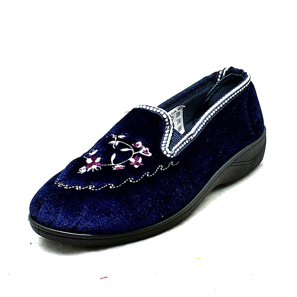VELOUR ELASTICATED OUTDOOR SOLE EMBROIDERED SLIPPERS