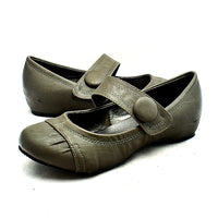 Grey flat Mary jane style court shoes with bar strap