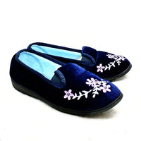 VELOUR ELASTICATED OUTDOOR SOLE EMBROIDERED SLIPPERS