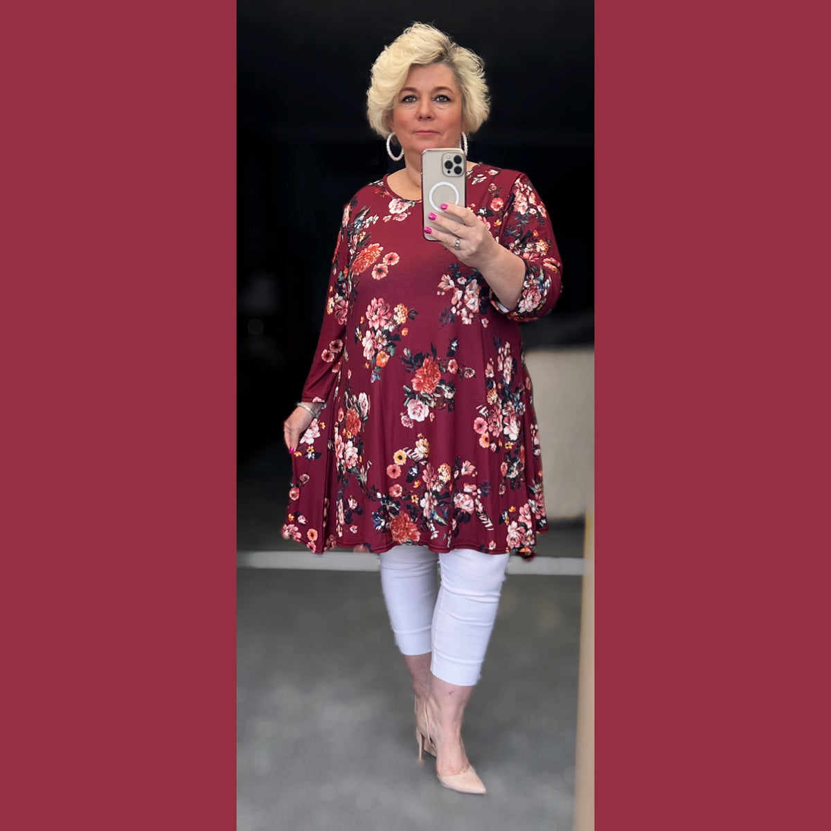 Wine Floral Long Sleeve Swing Top Plus Size