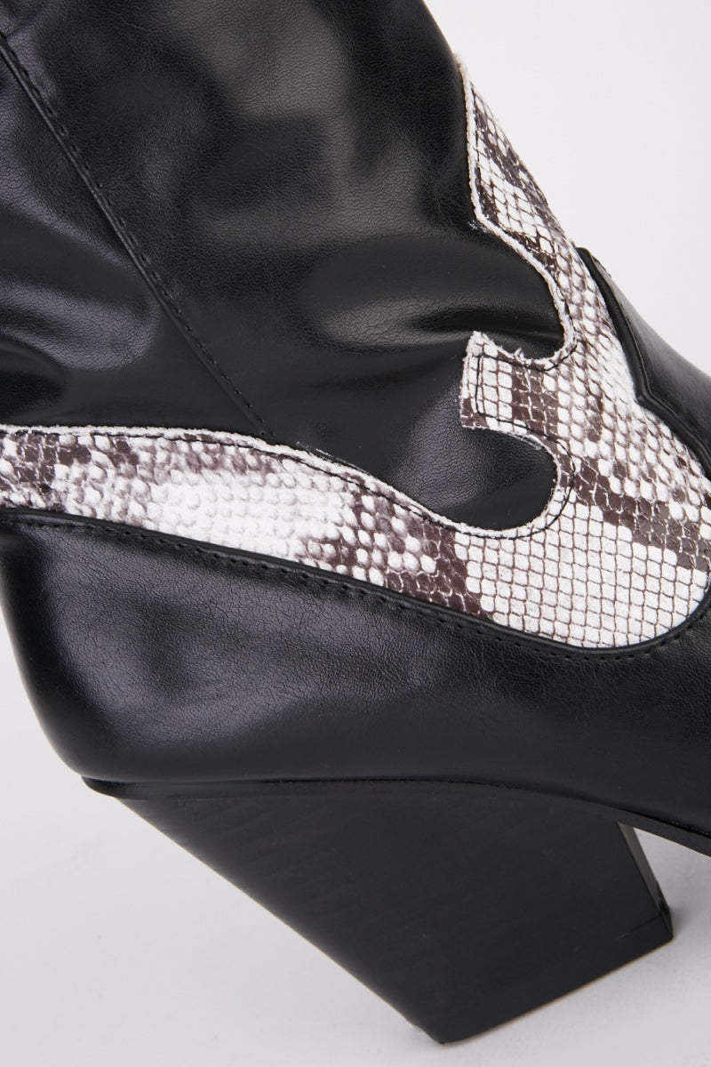 Knee Length Black Grey Snake Cowboy Boots Cuban Heel