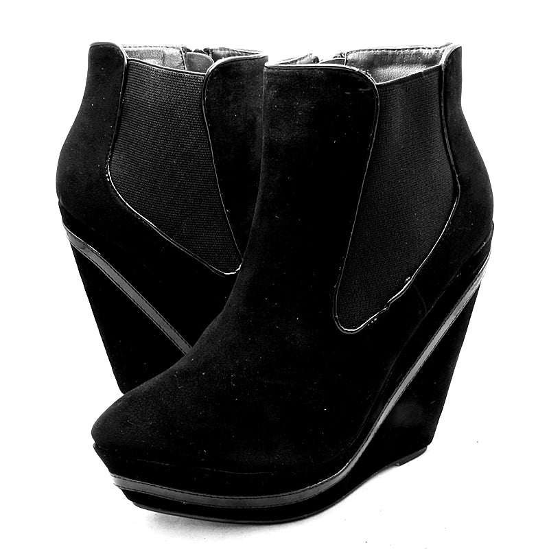 Suedette platform wedge heel ankle boots with patent edging