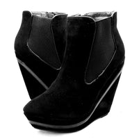 Suedette platform wedge heel ankle boots with patent edging