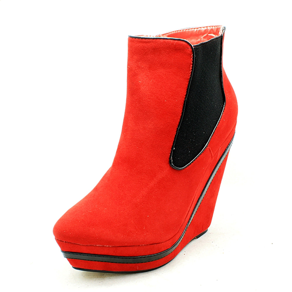 Suedette platform wedge heel ankle boots with patent edging
