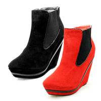 Suedette platform wedge heel ankle boots with patent edging
