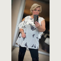 ROCKTHOSECURVES OPEN SHOULDER CHIFFON BUTTERLY BLOUSE