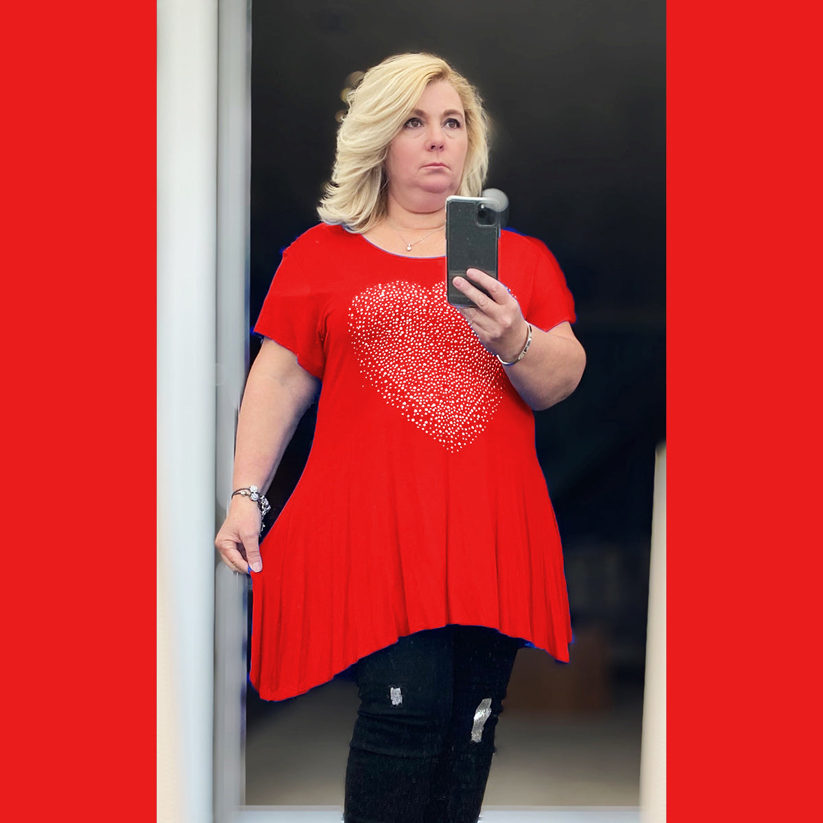 ROCKTHOSECURVES FLARED HEM LONG LENGTH TOP WITH GOLD STUDDED HEART