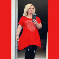 ROCKTHOSECURVES FLARED HEM LONG LENGTH TOP WITH GOLD STUDDED HEART