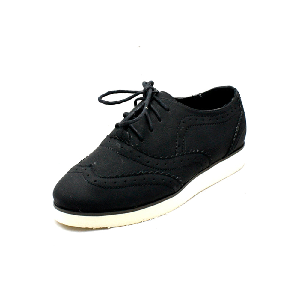 Ladies Black Suedette brogue style lace up flat shoes with white sole