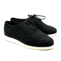 Ladies Black Suedette brogue style lace up flat shoes with white sole