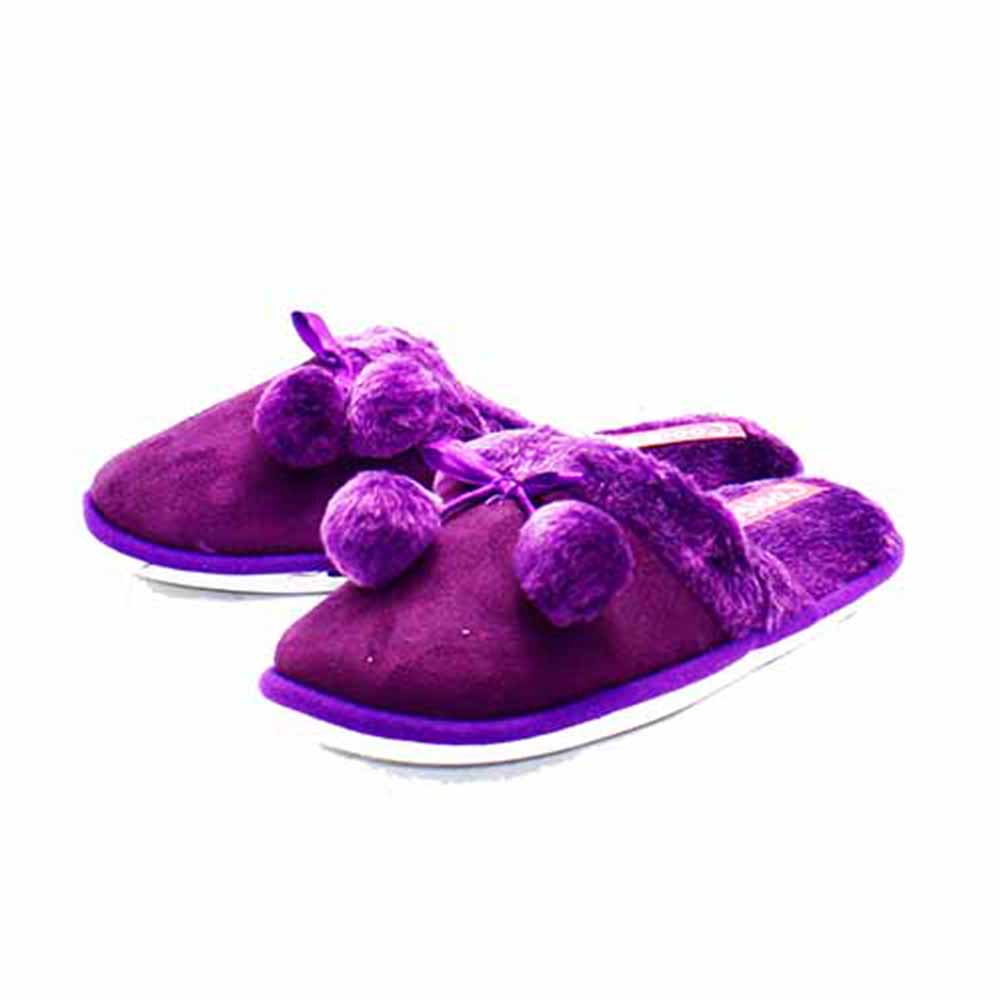 Dark purple plush fur collar pom pom open back slippers
