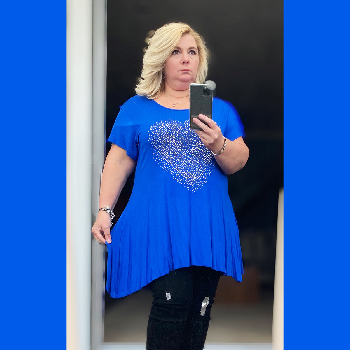 ROCKTHOSECURVES FLARED HEM LONG LENGTH TOP WITH GOLD STUDDED HEART