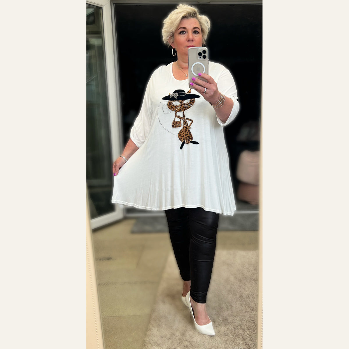 Cat in a Hat Button Sleeve Swing Top