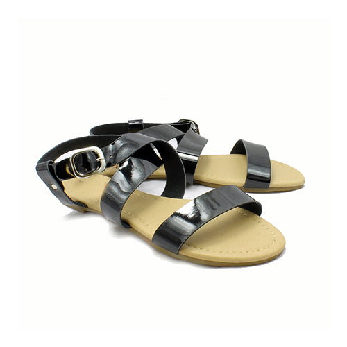 Patent strappy flat sandals with wide straps
