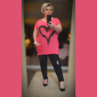 Cap Sleeve Long Dipped hem Pocket Heart T-shirt