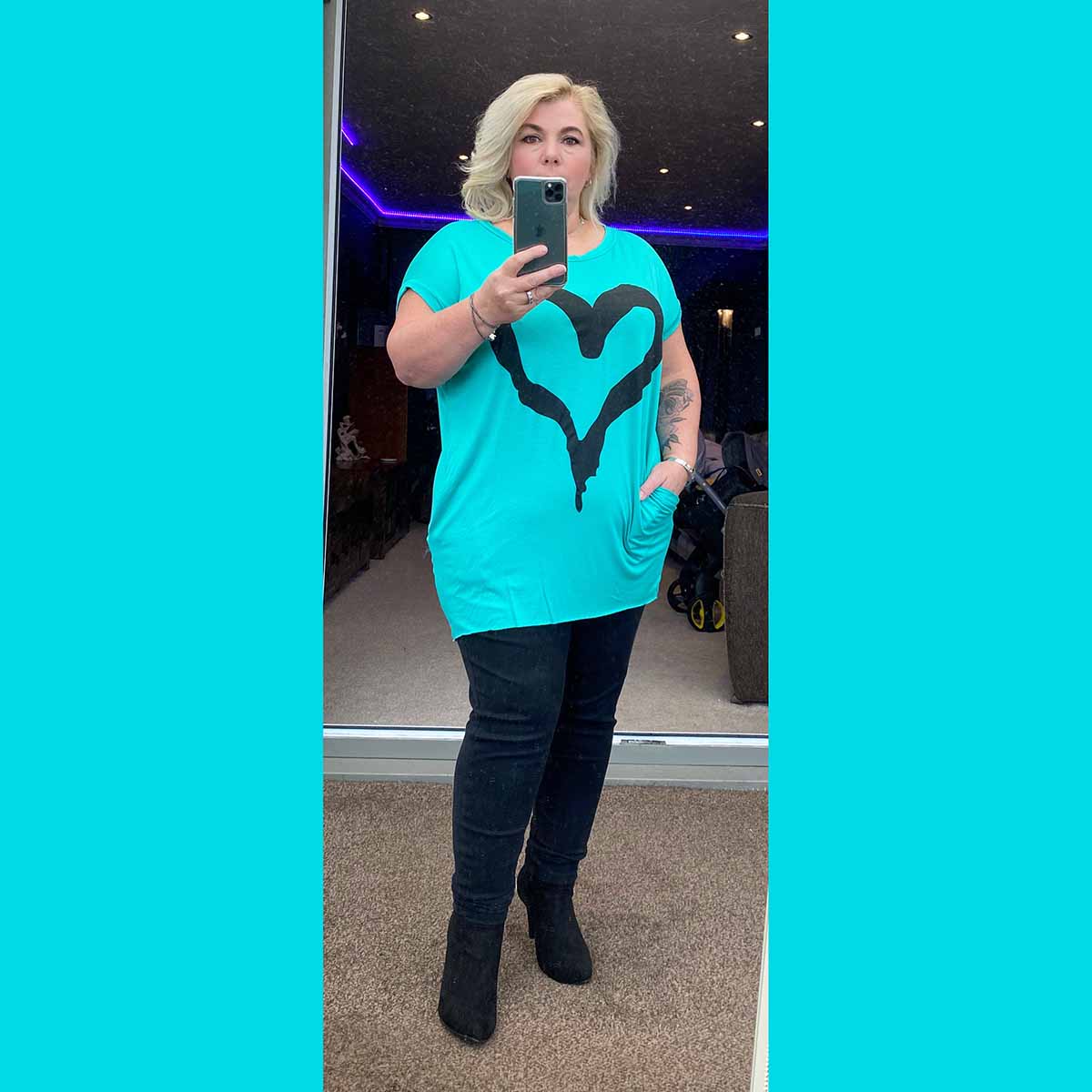 Cap Sleeve Long Dipped hem Pocket Heart T-shirt