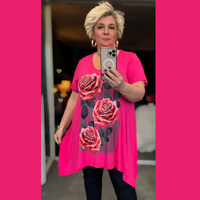 Plus‑Size Roses Print Short Sleeve Hanky Hem Top
