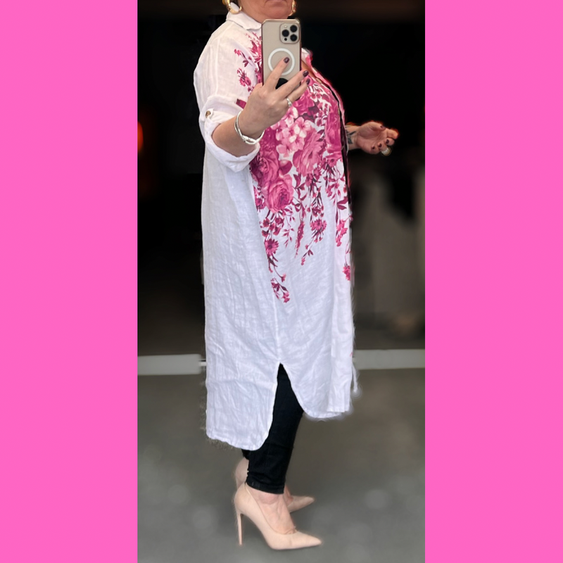 LUXURY Pure Linen White Pink Floral Shirt Dress
