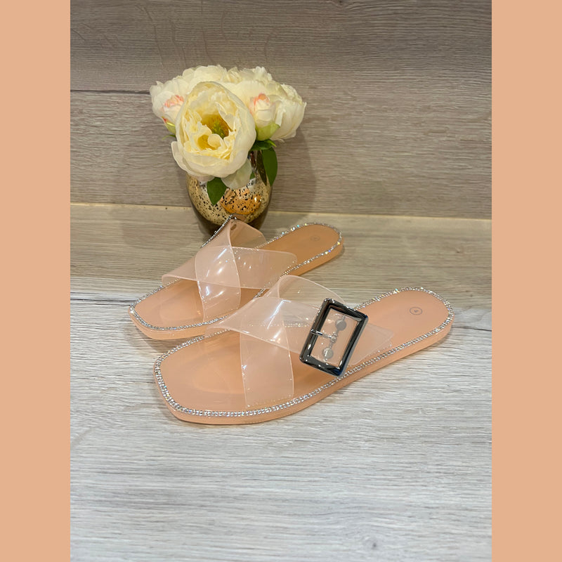 Flat Jelly Sandals Sliders with sparkly Edge and Buckle