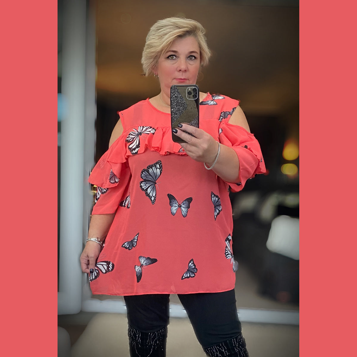 ROCKTHOSECURVES OPEN SHOULDER CHIFFON BUTTERLY BLOUSE