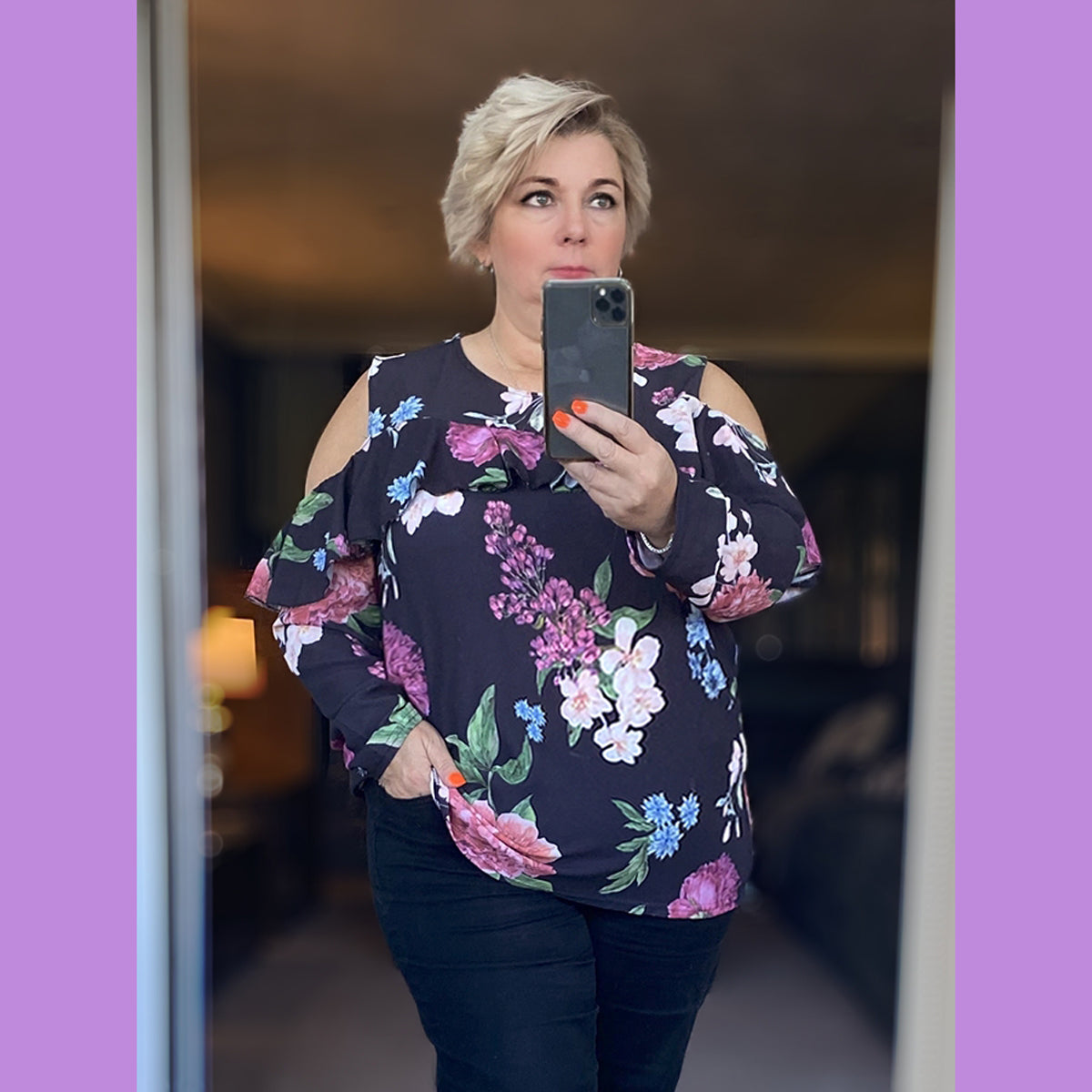 Open Shoulder Pretty Blouse with frilled front - PLUS SIZES