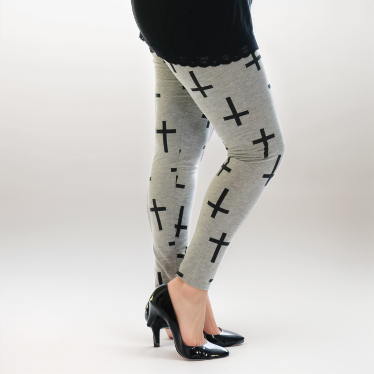 Grey Black Cross High Rise Plus Size Leggings