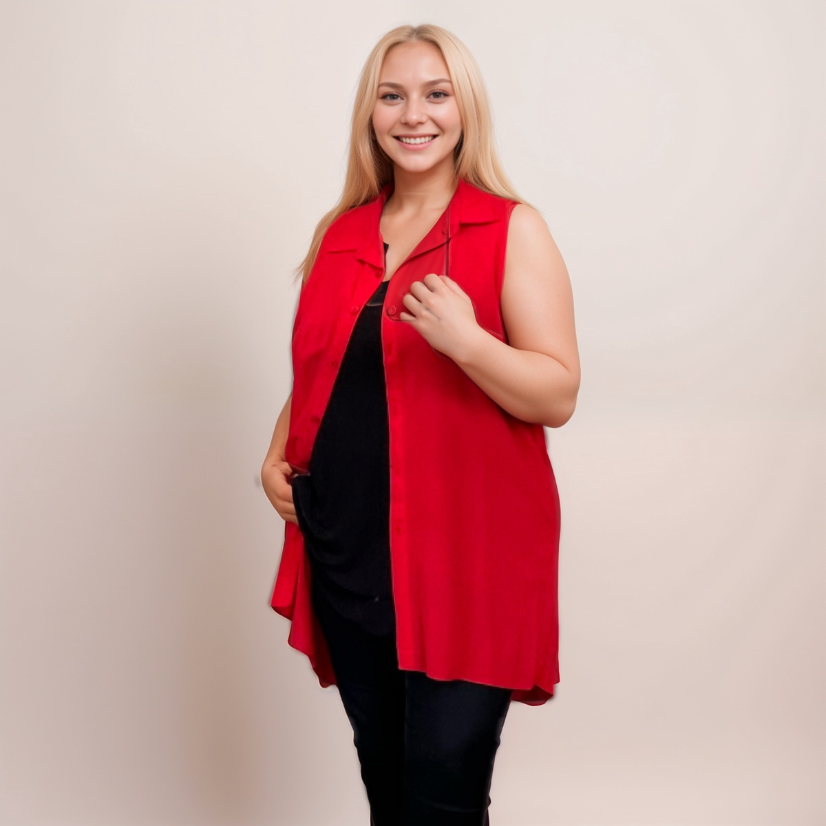 Sleeveless Long-Length Chiffon Shirt/Blouse