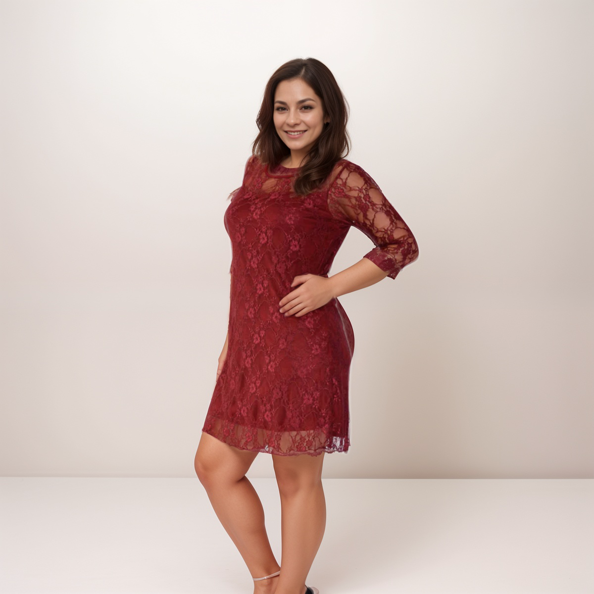 Plus‑Size Fine Lace 3/4 Sleeve Swing Dress with Sweetheart Neckline