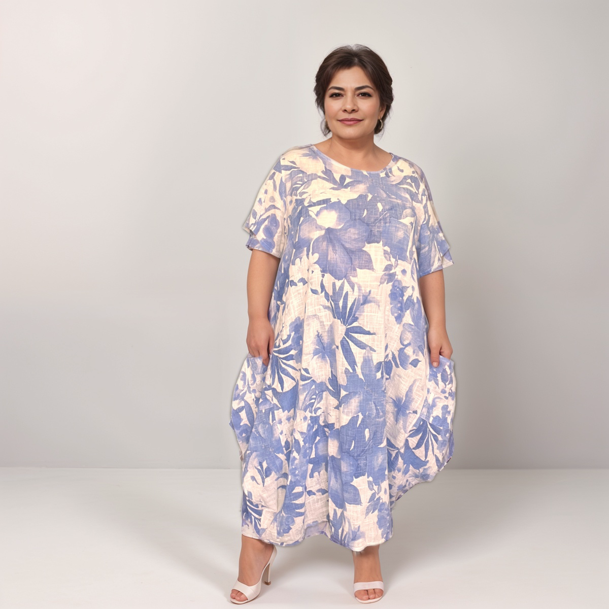 100% Cotton Floral-Print Loose-Fitting Dress with Side Pockets