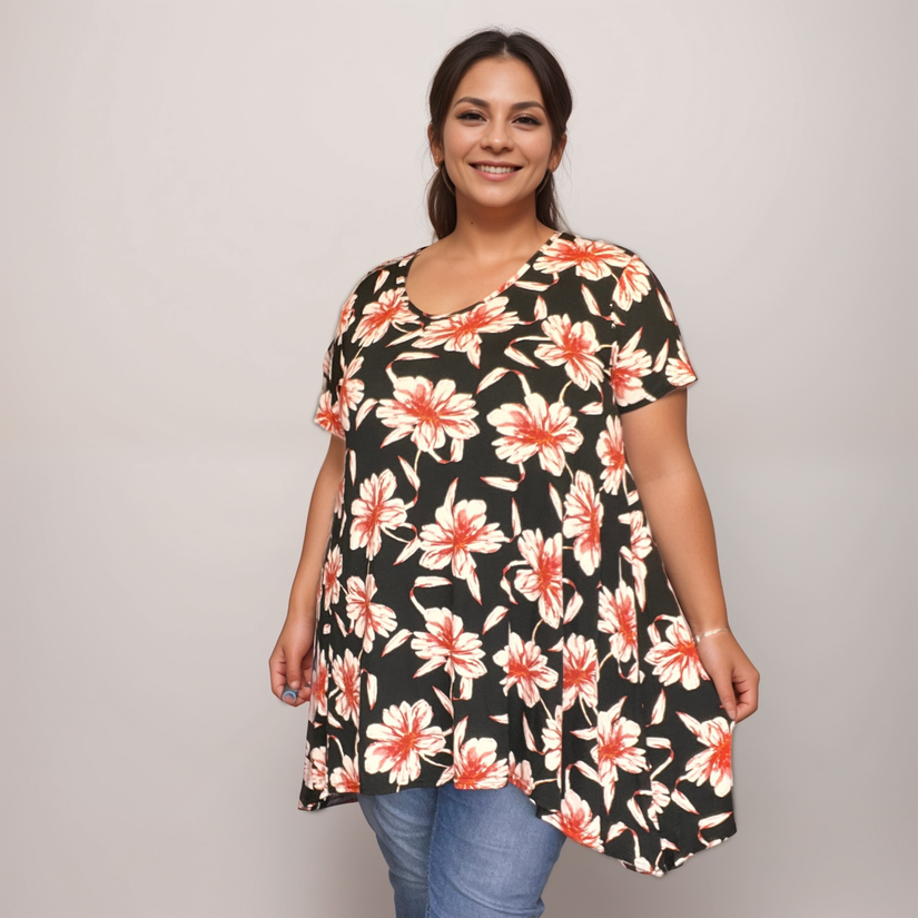 Black Red Floral Hanky Hem Swing Top
