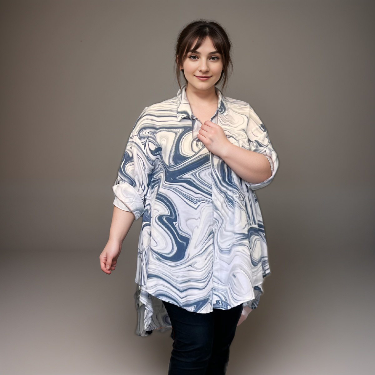 Swirl-Pattern Button-Sleeve Flared Shirt/Blouse