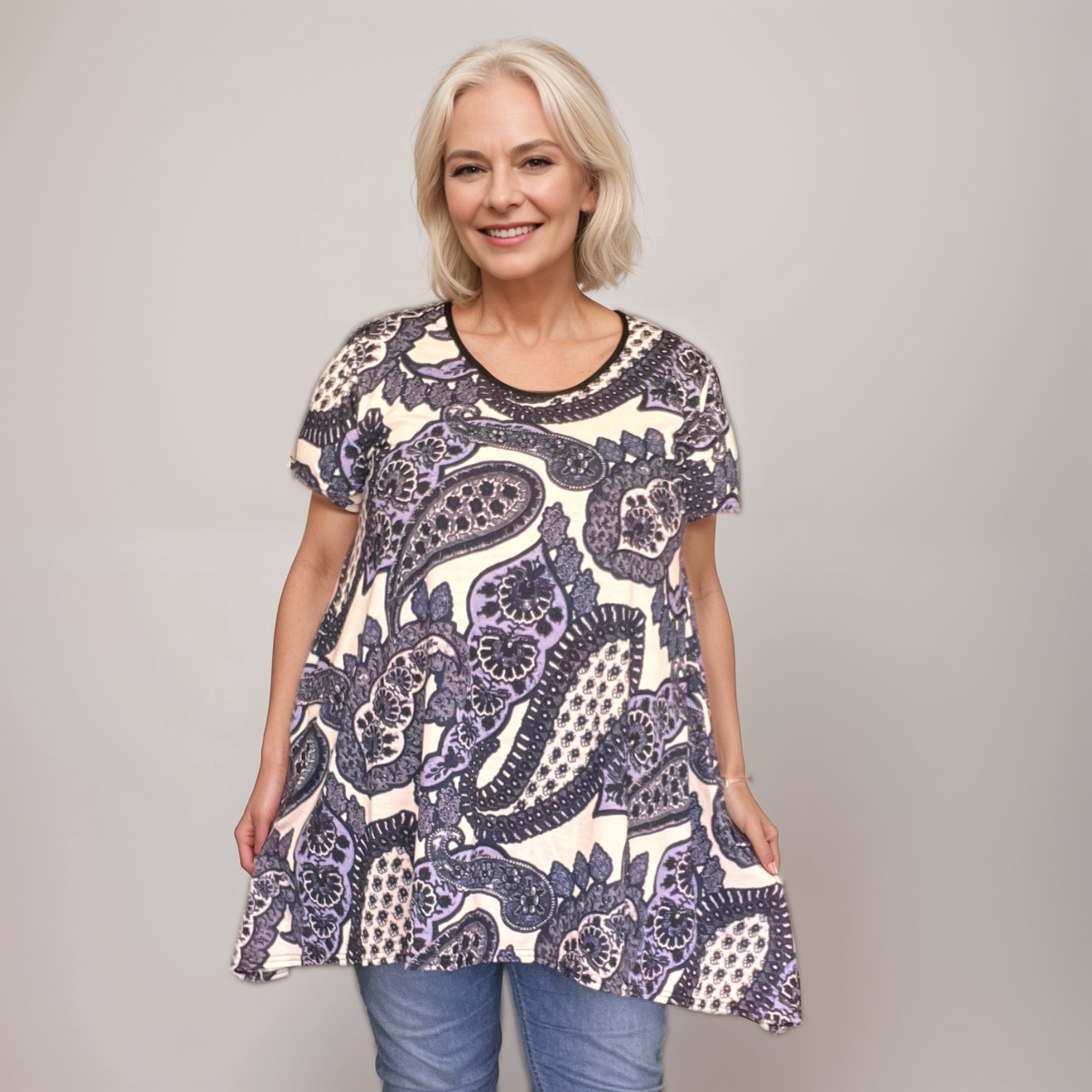 Navy White Paisley Hanky Hem Swing Top