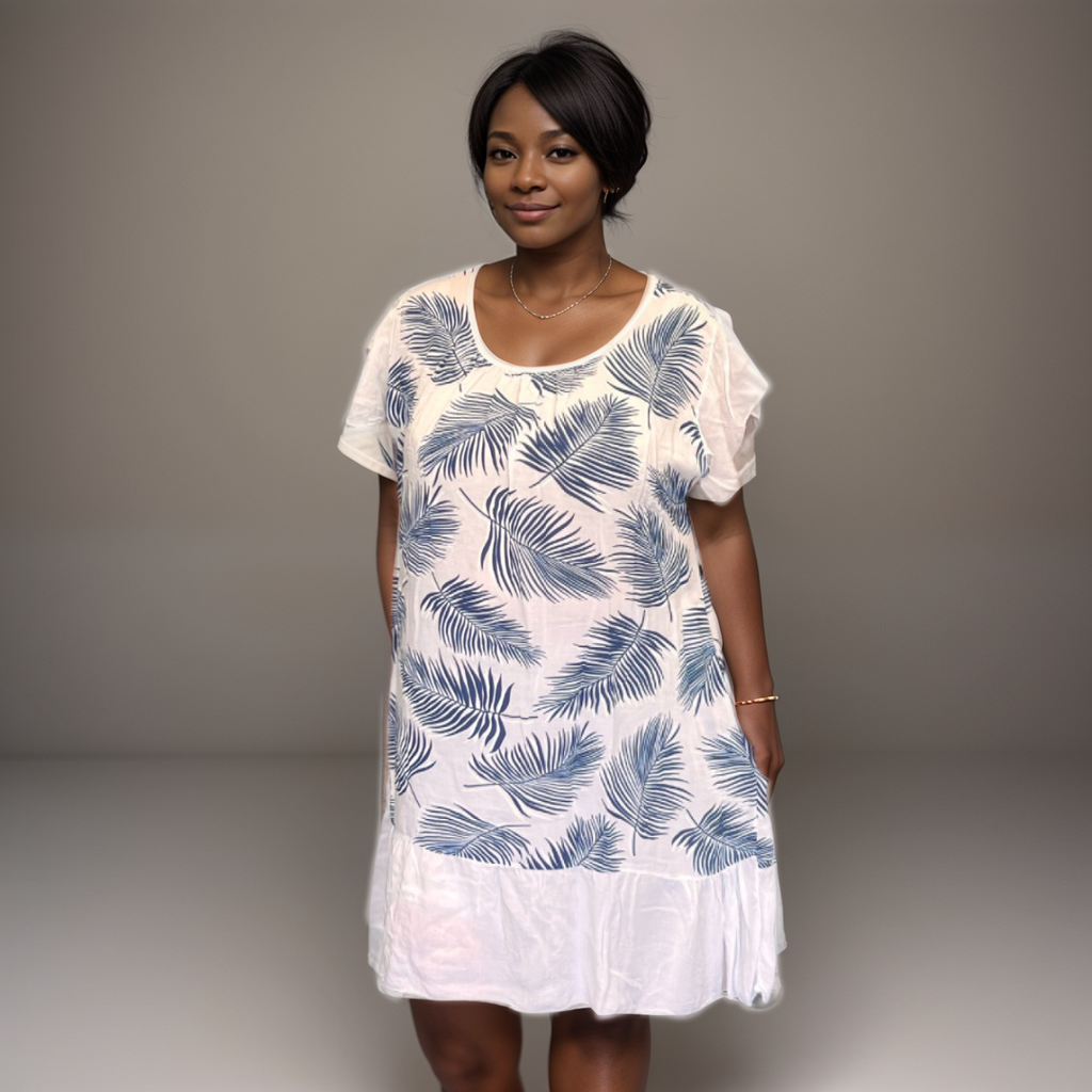 Pleated-Neck Leaf-Print Summer Dress