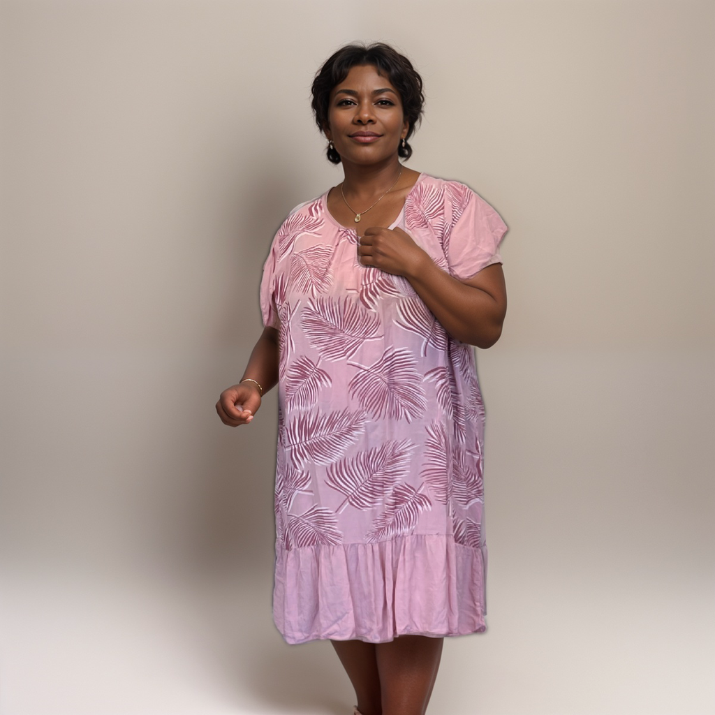 Pleated-Neck Leaf-Print Summer Dress