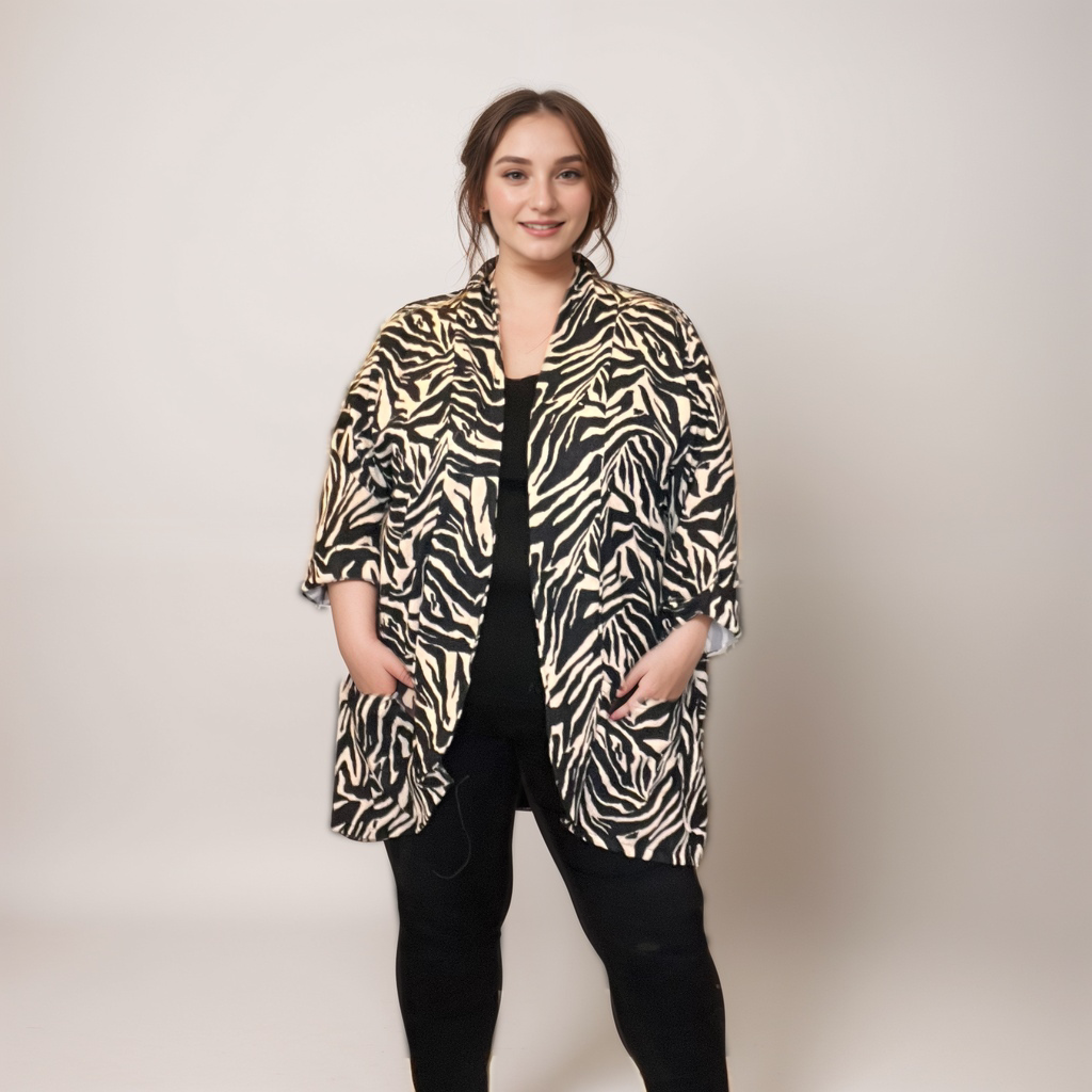 Animal Print Open-Front Jacket with Pockets
