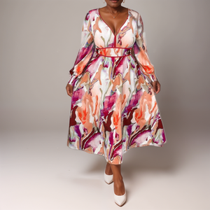 V-Neck Orange-Red Print Midi Dress