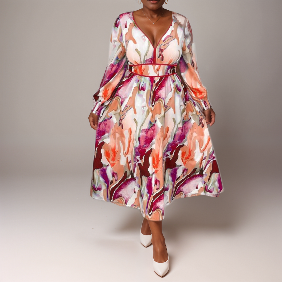 V-Neck Orange-Red Print Midi Dress