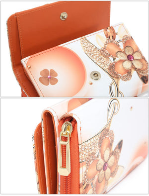 PATENT SHINY PURSE WITH FLORAL PATTERN AND SEVERAL SECTIONS