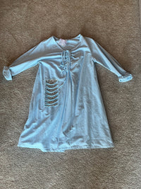 knee length dress with ruffle and bow, rip + sequin patch long sleeve