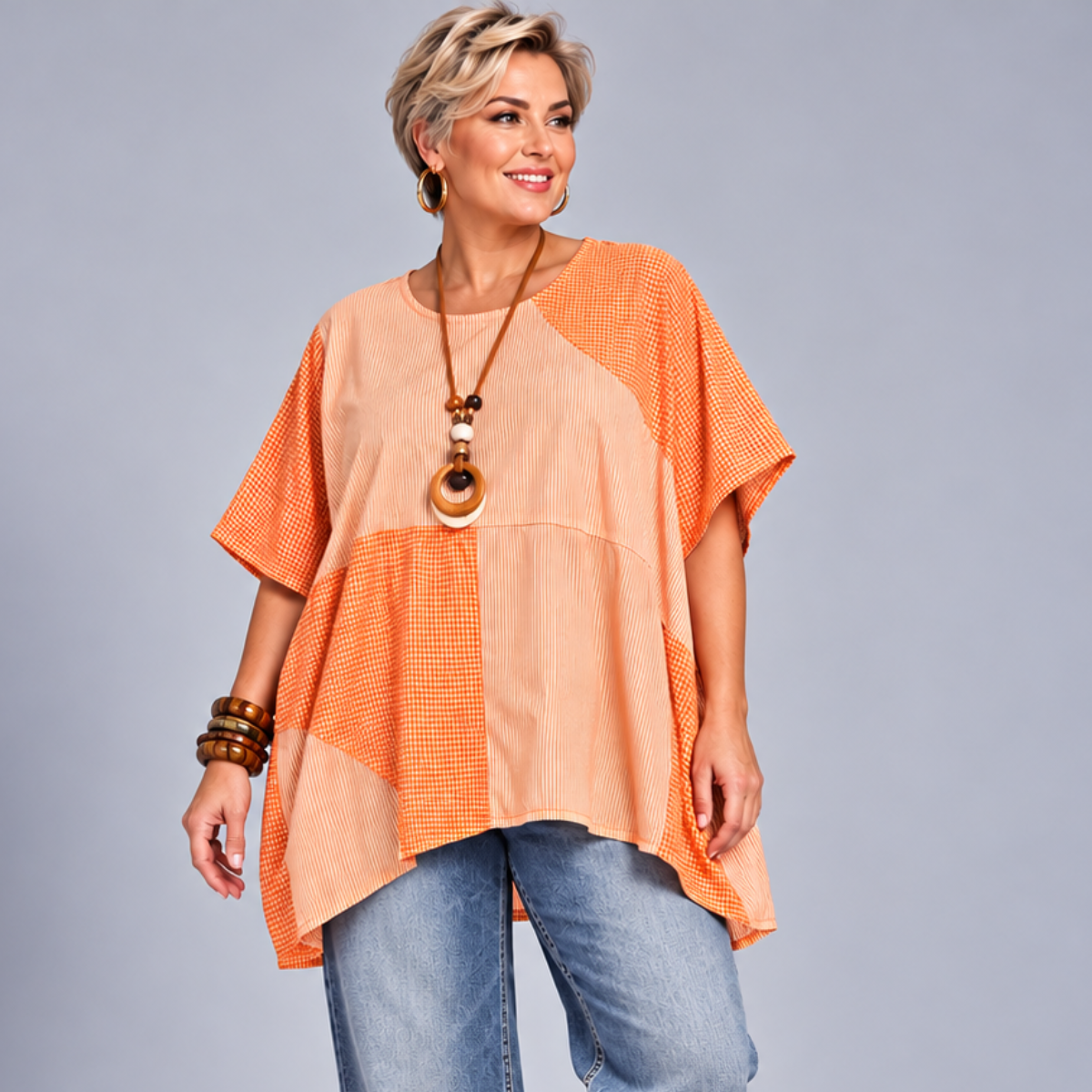Checked Loose Fitting Short Sleeve Long Blouse