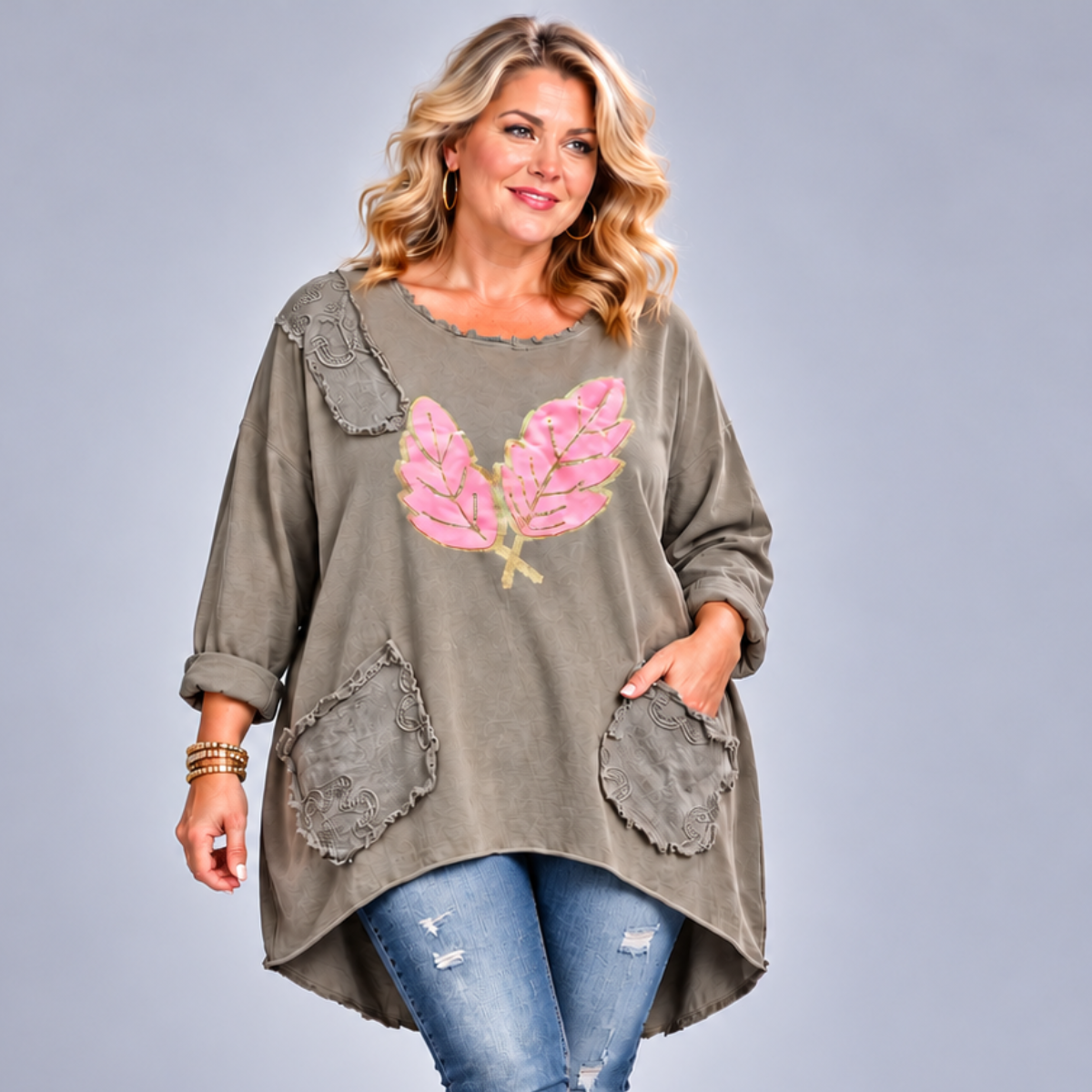 Loose Fitting Long Cotton Top with Dipped Hem
